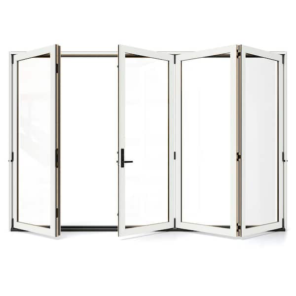 JELD-WEN W5500 124 in. x 96 in. Modern White Left Hand/Outswing Aluminum Clad Wood 4-Panel Prehung Folding Patio Door