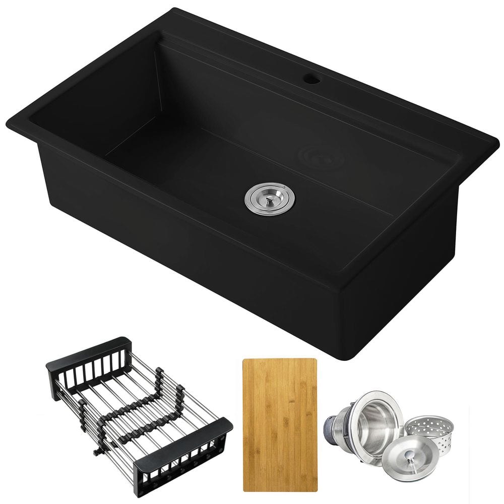 AKDY Black Fireclay 36 in. Single Bowl Drop-in Mount Workstation