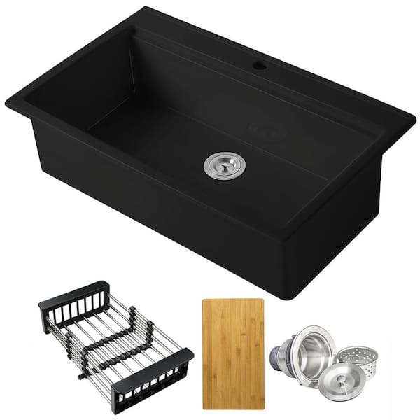 Black Fireclay 36 in. Single Bowl Drop-in Mount Workstation Kitchen Sink with Basket Strainer