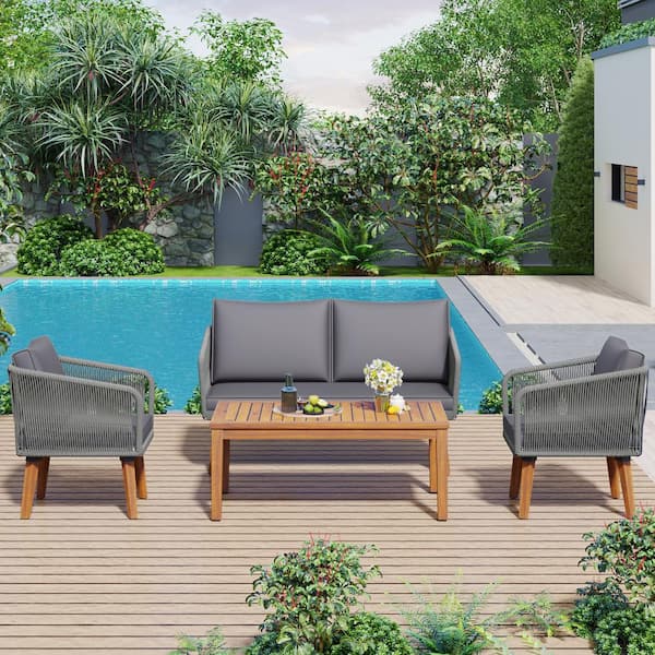 SOTEN RUGGED TABLET LLC 4-Piece Wood Patio Conversation Set with 2-Chairs and Table, Gray Cushions for Backyard, Poolside, Garden
