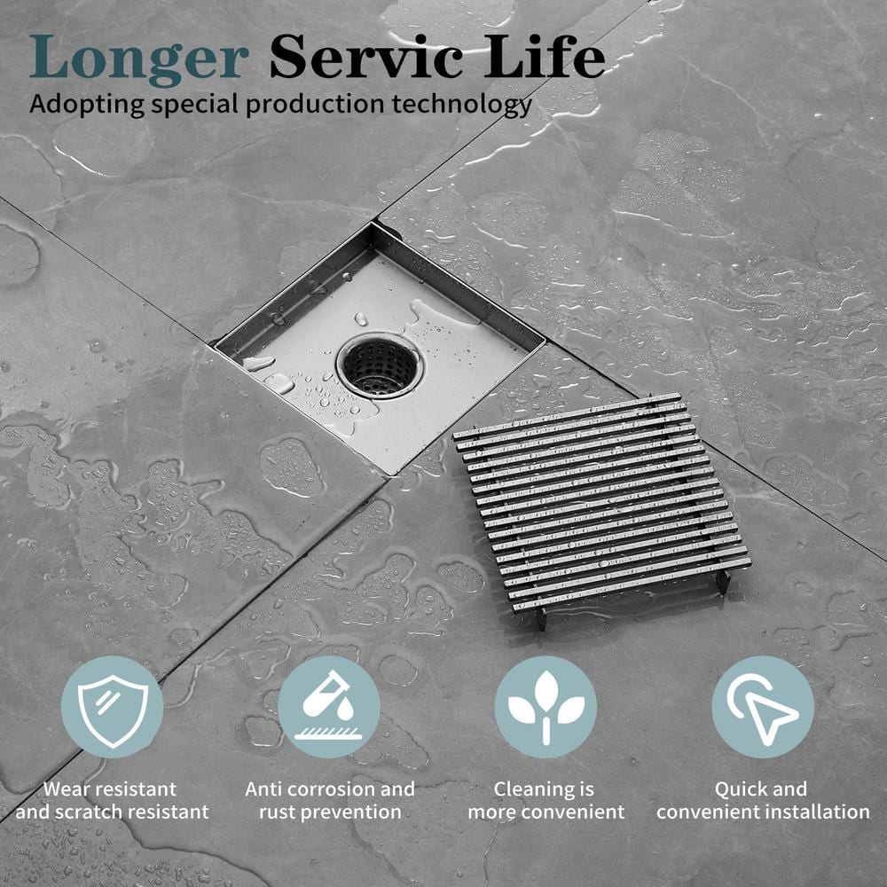 6-Inch Brushed Nickel Square Stainless Steel Shower Drain