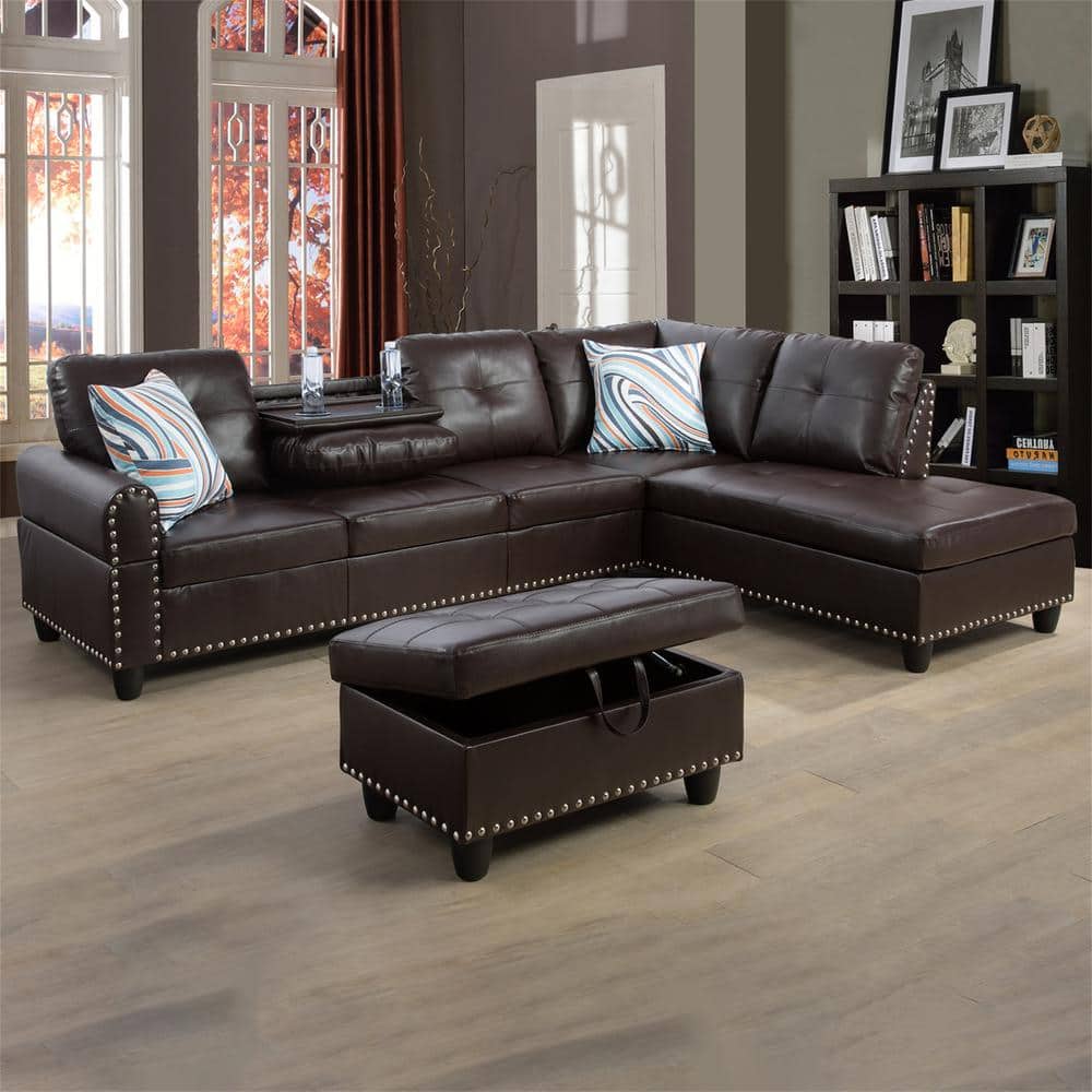 97.5 in. W Round Arm 3-piece L Shaped Faux Leather Sectional Sofa in Red