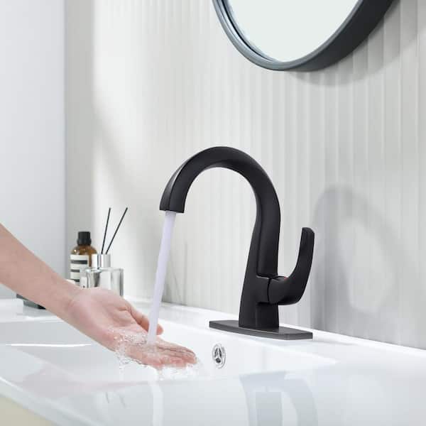 Single Handle Single Hole Bathroom Faucet with Deckplate Included and Drain Kit in Matte Black