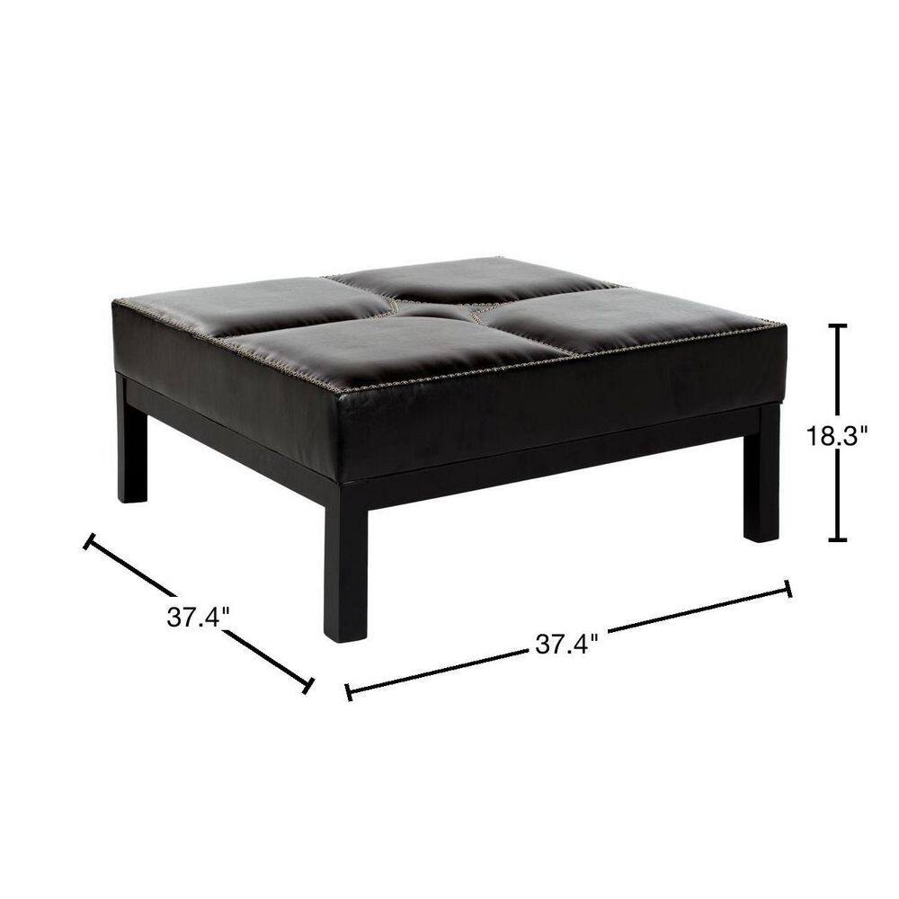 Transitional Terrence 37" Black Leather Cocktail Ottoman with Silver Nailheads