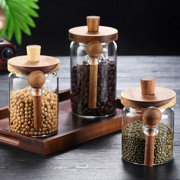 Glass Storage Jars w/ Spoon, Airtight Glass Canisters for Coffee, Candy, Biscuit, Tea, Snack, Seasoning, Salt and Pepper
