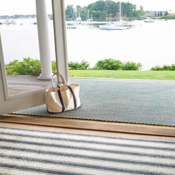 Awning Stripe Machine Washable Blue 5 ft. x 8 ft. Indoor Area Rug