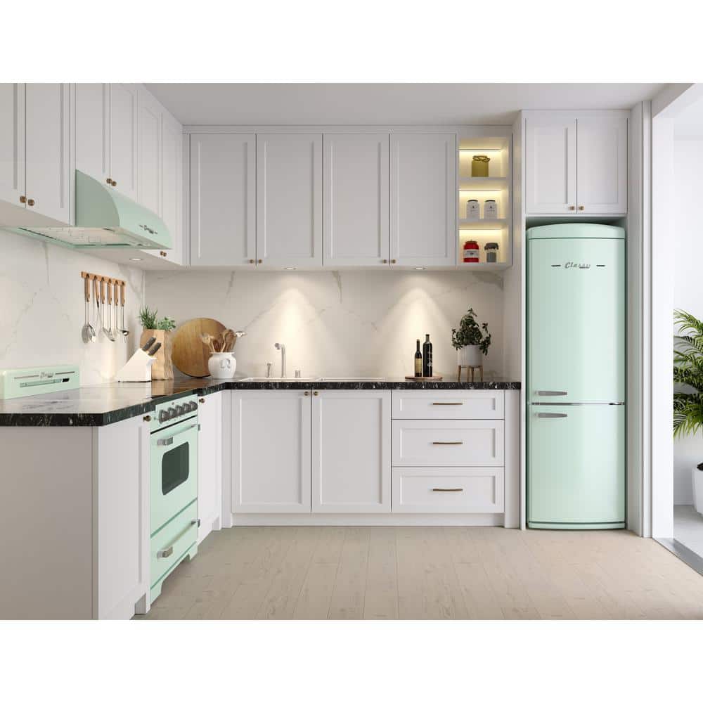Summer Mint Green Retro Bottom Mount Fridge with Chrome Accents