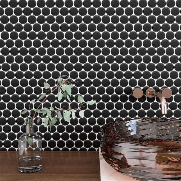 Porcetile Black 11.82 in. x 10.5 in. Penny Matte Porcelain Mosaic Tile Sample