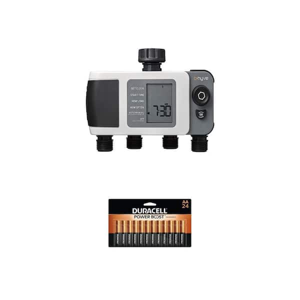 B-hyve XD Bluetooth 4-Outlet Hose Timer and Coppertop AA Alkaline Batteries (24-Pack)