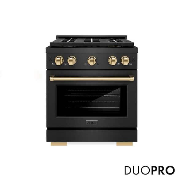 Autograph 30 in. 4.2 cu. ft. Paramount Gas Range with 4 Burner DuoPro Cooktop in Black Satin and Gold Accents