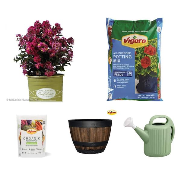 2 Gal. Crape Myrtle, Soil, Plant Food, Planter, Watering Can Combo