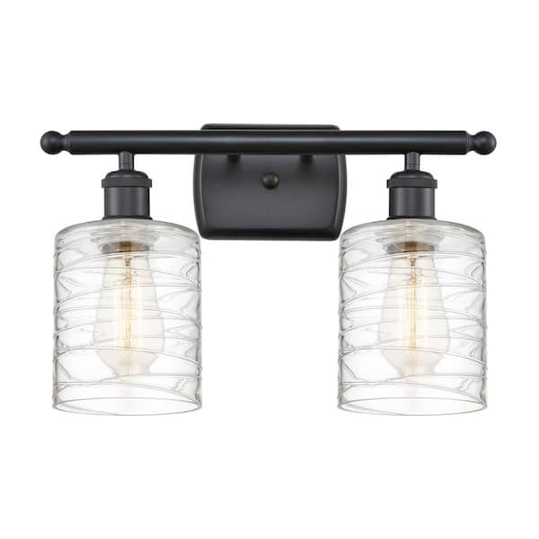 Cobbleskill 16 in. 2-Light Matte Black Vanity Light with Deco Swirl Glass Shade