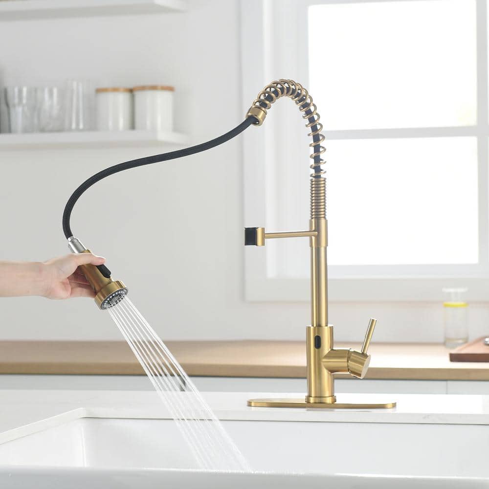 Brushed Gold Touchless Pull-Down Kitchen Faucet with Spray