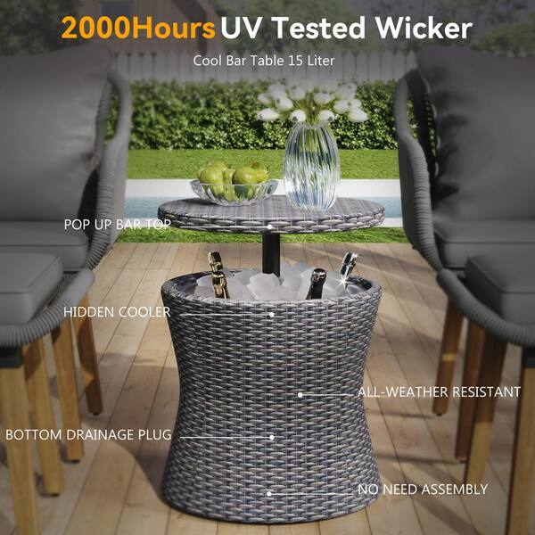 5 Piece Wicker Outdoor Bistro Set 2 x Single Chairs with Gray Cushions Cool Bar Table 2 x Stools Furniture Set