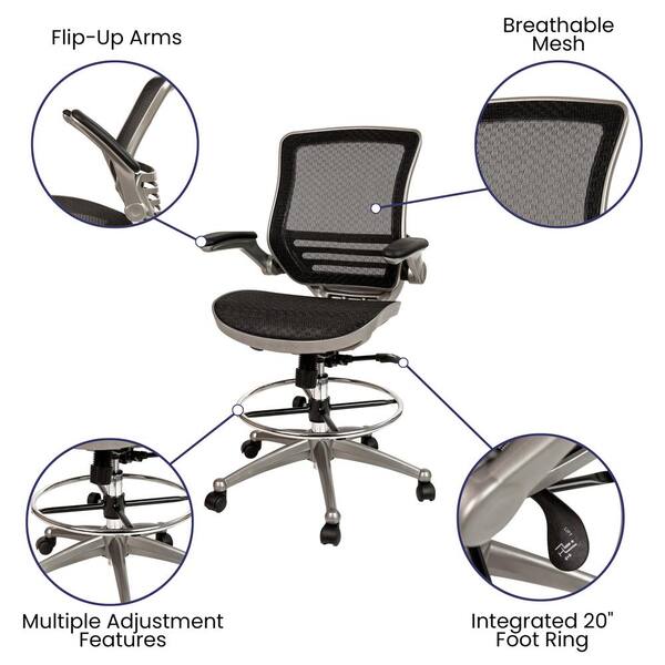 HOMEFUN Black Mesh Adjustable Height Drafting Chair with Lumbar Support Flip-Up Arms Foot Ring