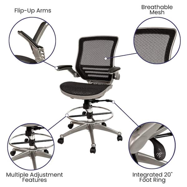 HOMEFUN Black Mesh Adjustable Height Drafting Chair with Lumbar Support Flip-Up Arms Foot Ring