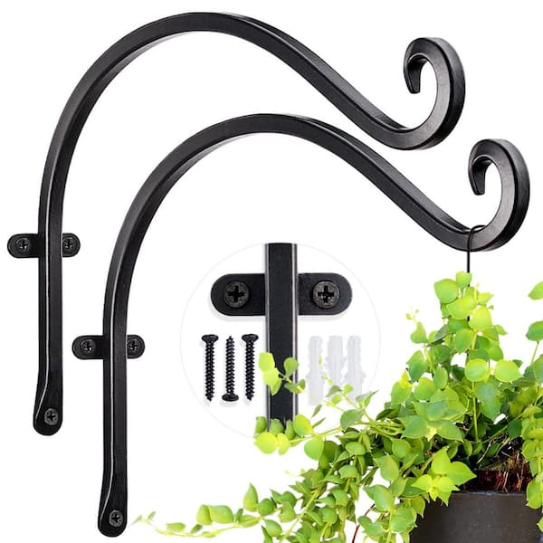 OGETFUUR 12 in. Outdoor Hanging Plant Hanger, Wall Hooks Plant Bracket Hook for Hanging Flower Baskets, Black (2-Pack)