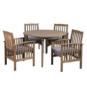 Casa Acacia Grey 5-Piece Acacia Wood Round Table with Straight Legs Patio Outdoor Dining Set with Dark Grey Cushions