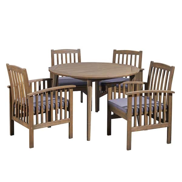 Casa Acacia Grey 5-Piece Acacia Wood Round Table with Straight Legs Patio Outdoor Dining Set with Dark Grey Cushions