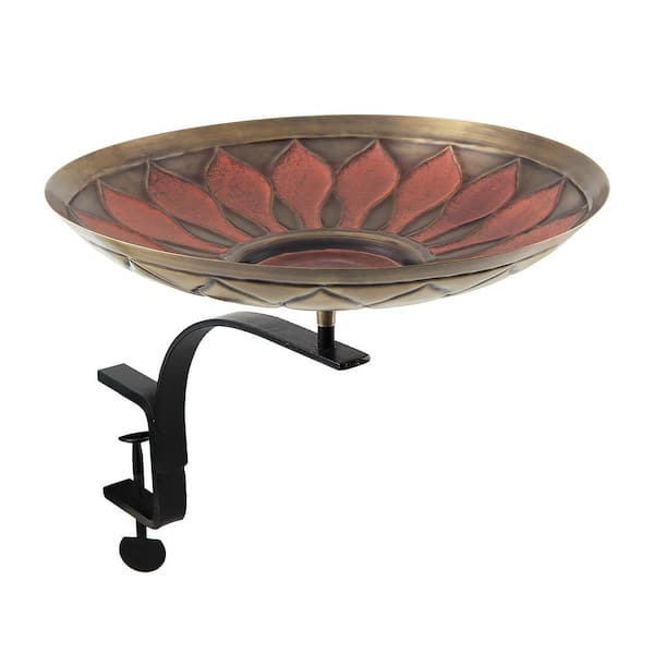 16 in. W Antique and Patina Red African Daisy Birdbath with Rail Mount Bracket