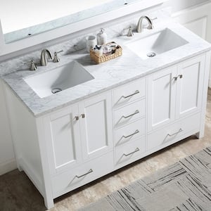 60 in. W Solid Wood Bath Vanity in White with Carrara Marble Top with White Basin, Back Splash, Double Sink, 5 Drawers