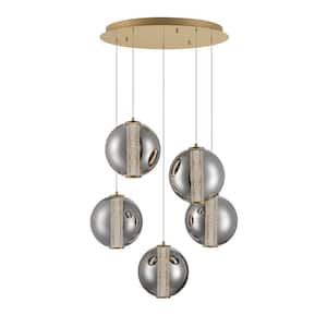 Atomo 175-Watt Integrated LED Gold Tiered Chandelier with Smoke Acrylic Shades