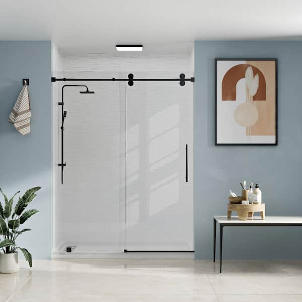 36 in. L x 60 in. W x 96 in. H Alcove Shower Stall/Kit Sliding Door in Matte Black with Left Drain and Rock Pattern