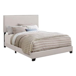 Ivory White Wooden Frame Queen Platform Bed with Nail Head Trim