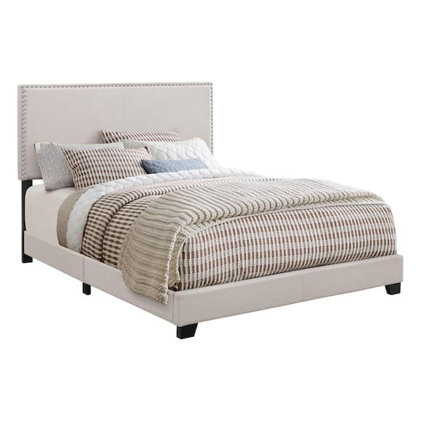 Benjara Ivory White Wooden Frame Queen Platform Bed with Nail Head Trim