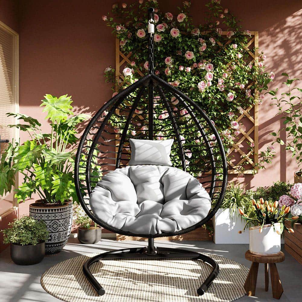 Black Wicker Foldable Outdoor Rattan Egg Chair Patio Swing Chair