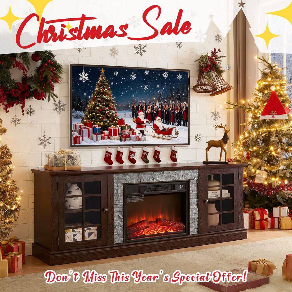 70 in. W Freestanding Wooden with Faux Stacked Stone Surround Large Electric Fireplace TV Stand in Cherry price history on PriceWatchPro