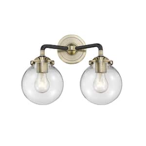 Beacon 14 in. 2-Light Black Antique Brass Vanity Light with Clear Glass Shade