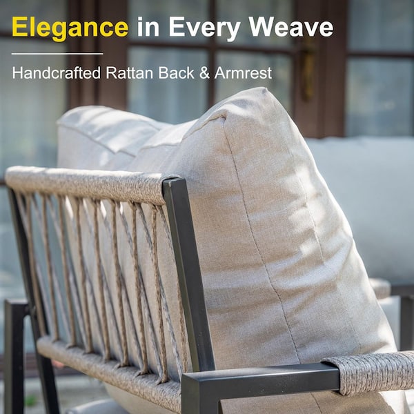 5-Piece Metal Patio Conversation Set 4-Seat Outdoor Sofa Set with Beige Cushions and Coffee Tables