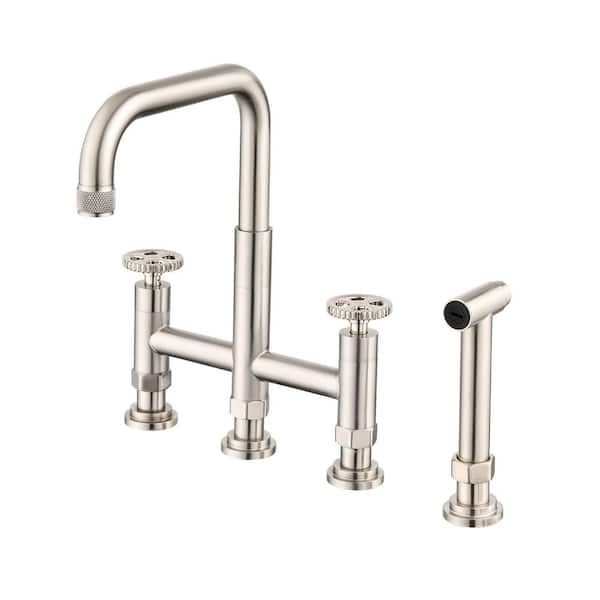 FLG Double-Handle Bridge Kitchen Faucet with Side Sprayer Stainless Steel 4-Holes Kitchen Sink Faucets in Brushed Nickel