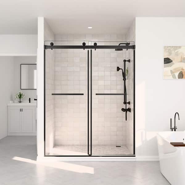 60 in. W x 80 in. H Double Sliding Frameless Shower Door in Matte Black with Smooth Sliding and 3/8 in. Clear Glass