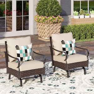 Black Metal Frame Dark Brown Rattan Wicker Outdoor Patio Motion Lounge Chairs With Beige Cushions (2-Pack)