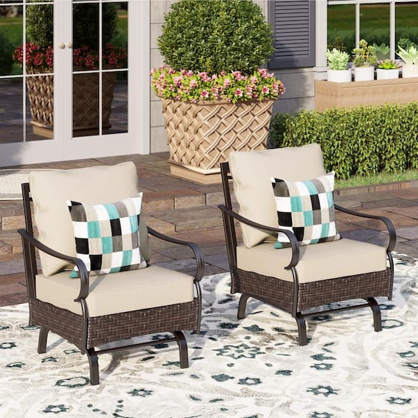 PHI VILLA Black Metal Frame Dark Brown Rattan Wicker Outdoor Patio Motion Lounge Chairs With Beige Cushions (2-Pack)