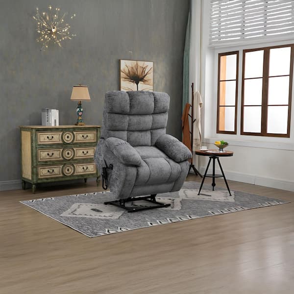 Grey Chenille Lift Recliner with Dual Motor Heat Massage and Power Remote
