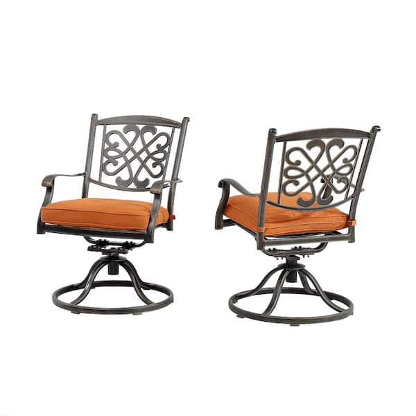 Mondawe Charcoal Gray Backrest Swivel Cast Aluminum Flower-Shaped Chairs Outdoor Dining Chairs with Orange Cushions (Set of 2)