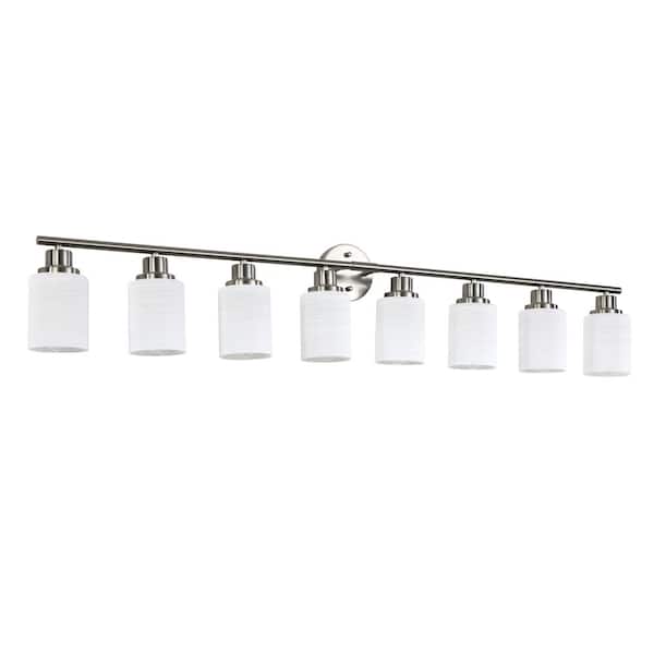 8-Light Chrome Vanity Light with Cylindrical White Frosted Glass Shades and Iron Frame, E26 Bulbs Not Included