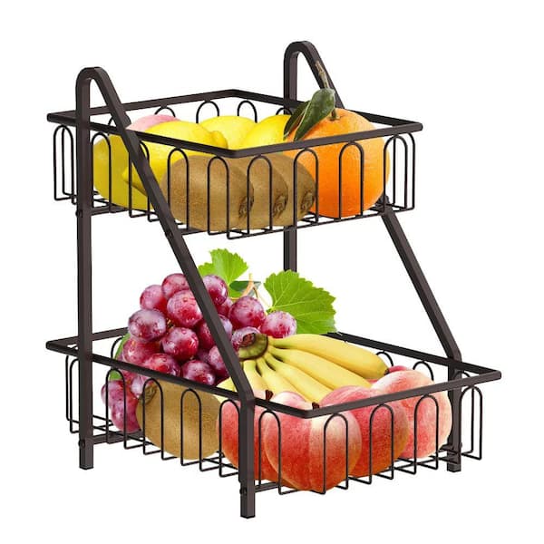 Farmhouse 2-Tier Metal Fruit Storage Basket Organizer Display Stand Fo