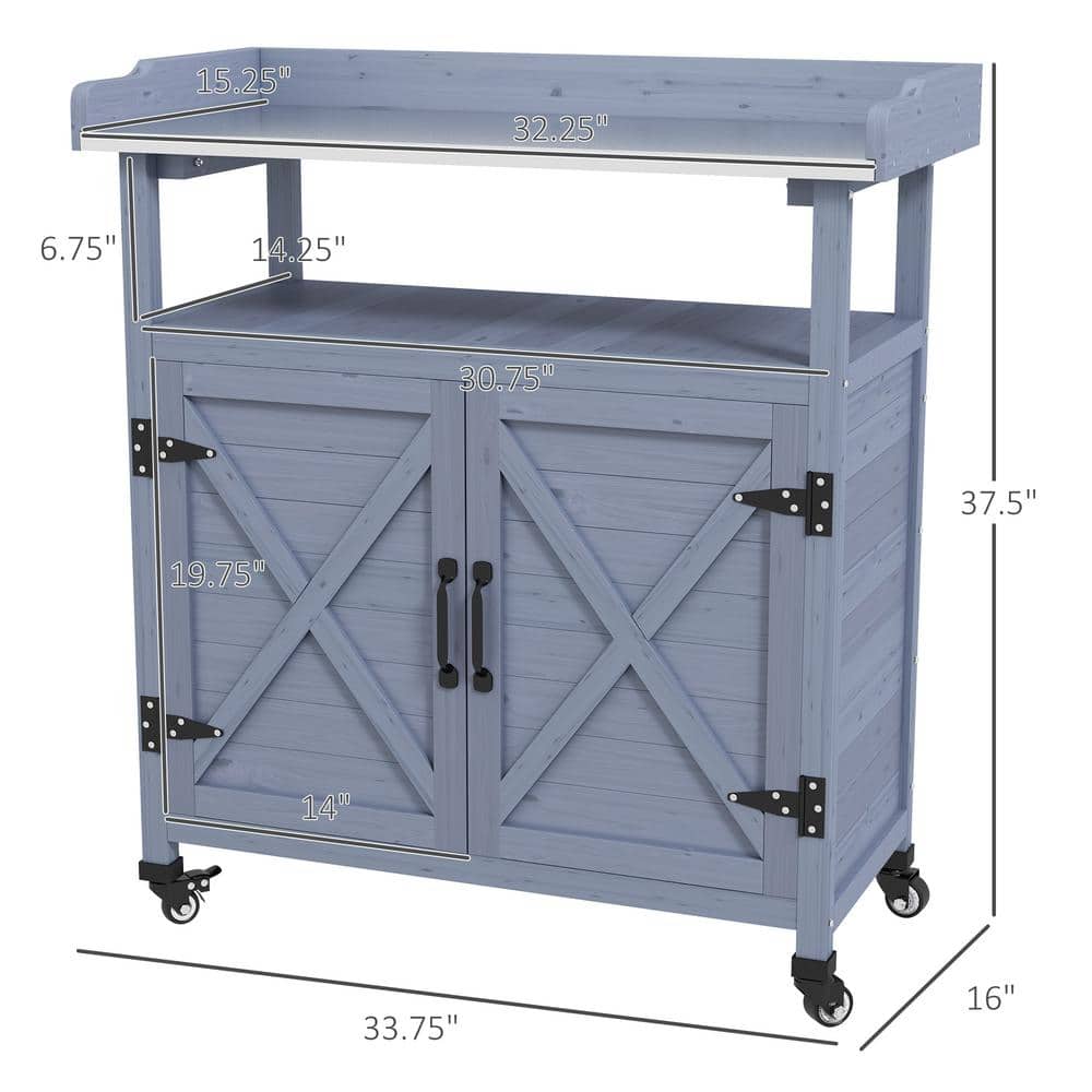 Gray Wooden Potting Bench with Aluminum Top and Storage