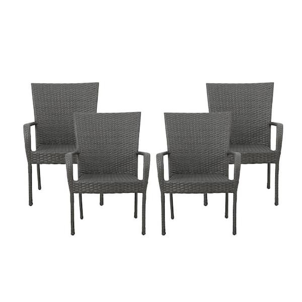 Noble House Orpheus Gray Stacking Wicker Outdoor Patio Dining Chair (4-Pack)