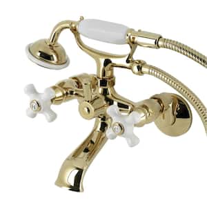 Kingston 3-Handle Wall-Mount Clawfoot Tub Faucet with Hand Shower in Polished Brass