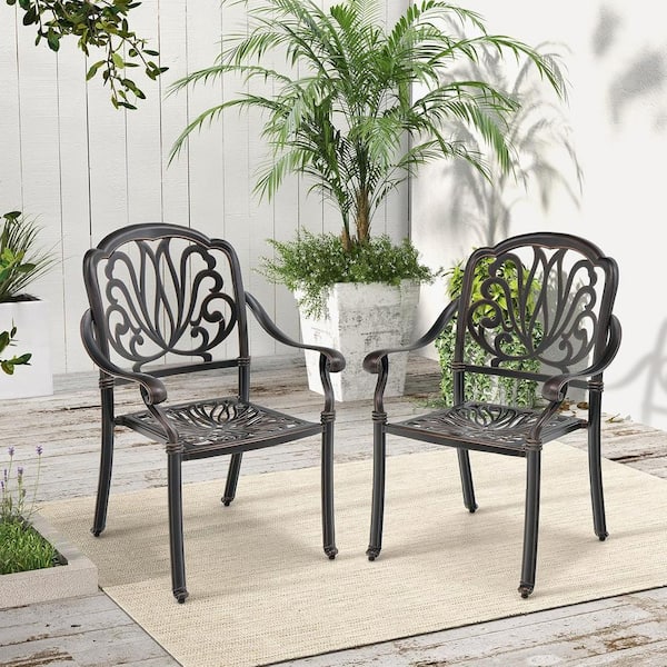 AUTMOON Cast Aluminum Patio Outdoor Dining Chair With Black Frame and Cushions In Random Colors (4-Pack)