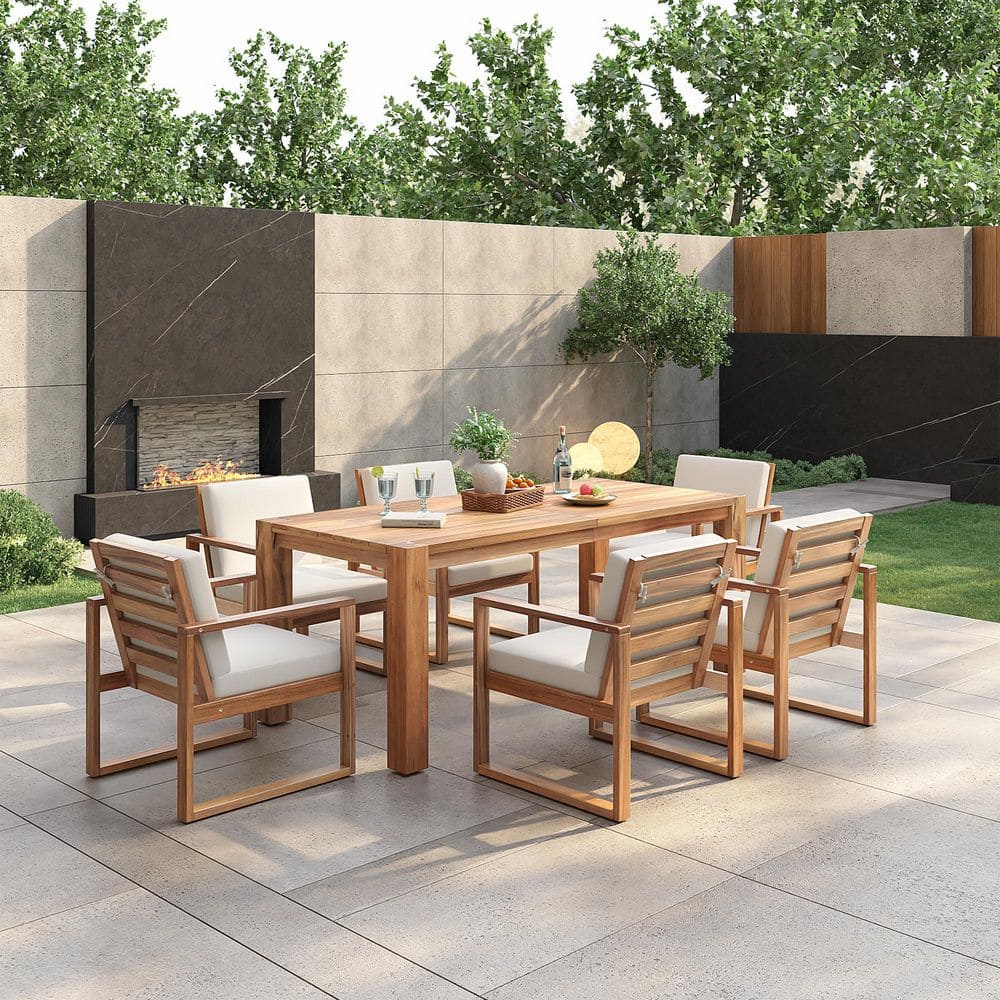 Orvin Patio 7 Piece Light Teak Finished Wood Rectangle Outdoor Dining Set with Beige Cushions and Umbrella Hole price history on PriceWatchPro