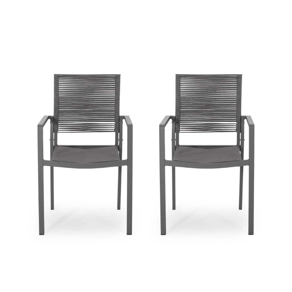 Itopfox Dark Gray Aluminum Outdoor Modern Dining Chair Set Of With Hand Crafted Rope Weave