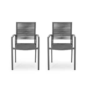 Dark Gray Aluminum Outdoor Modern Dining Chair Set of 2 with Hand-crafted Rope Weave Seat Design for Backyard and Patio