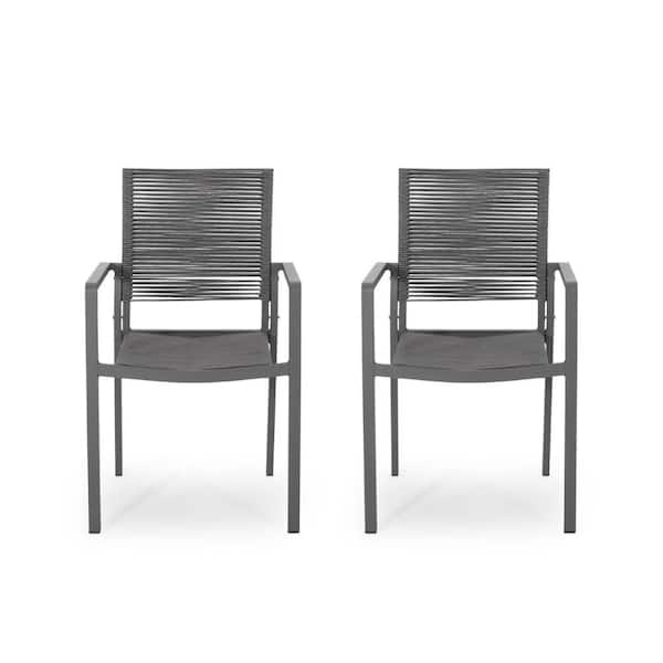 ITOPFOX Dark Gray Aluminum Outdoor Modern Dining Chair Set of 2 with Hand-crafted Rope Weave Seat Design for Backyard and Patio