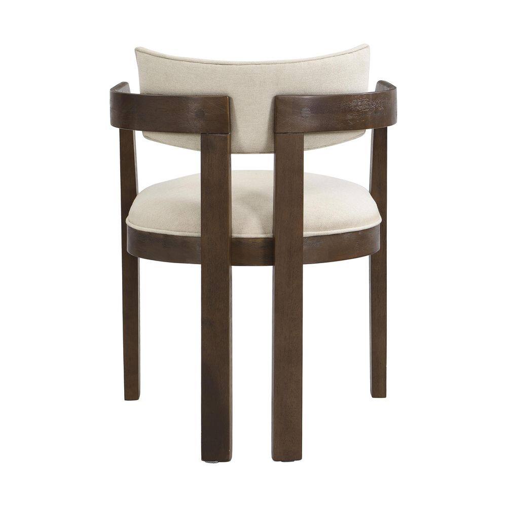 Front view of a modern upholstered dining chair with a walnut wood frame.